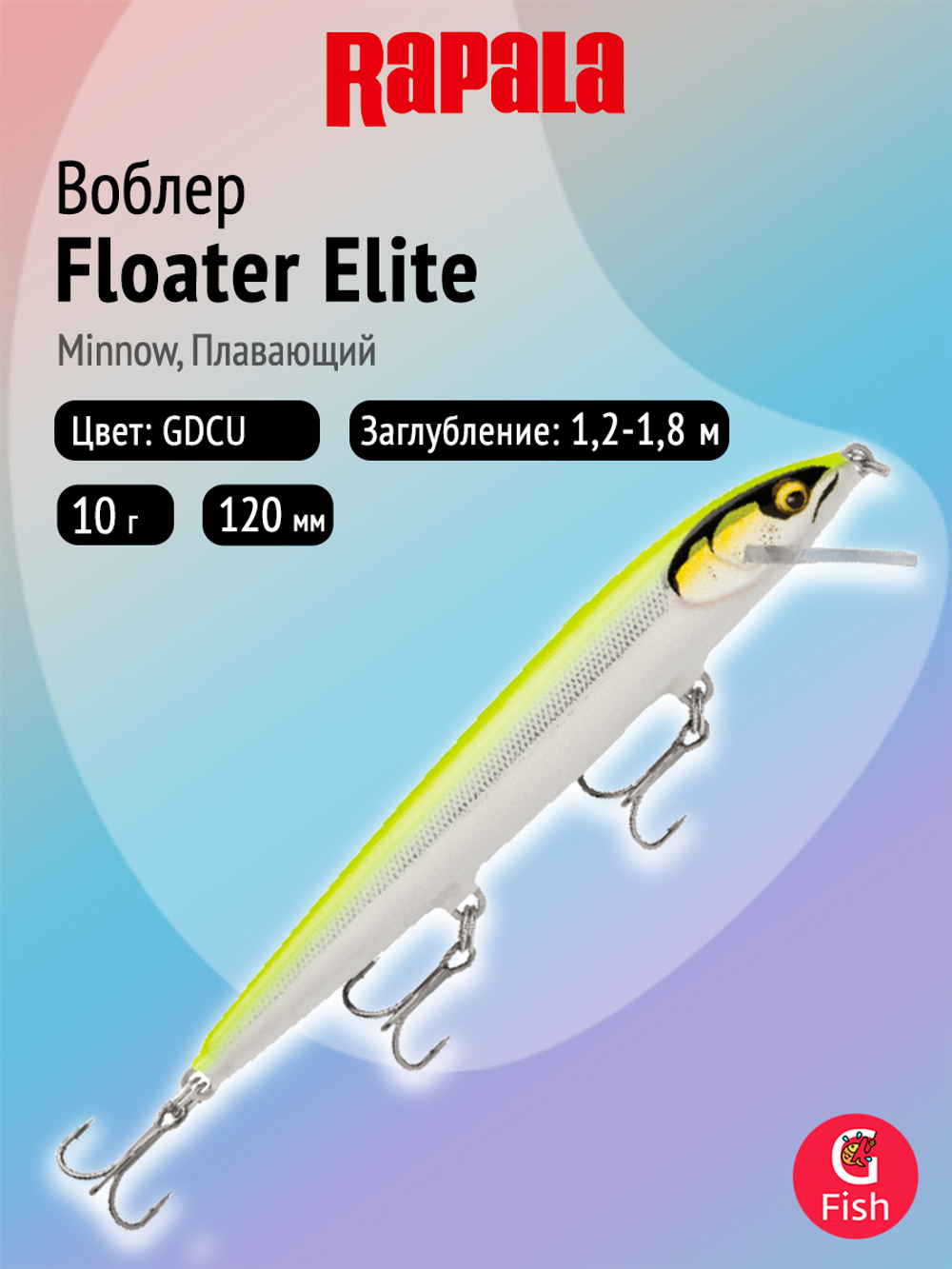 Воблер рыболовный Rapala Floater Elite 85, 8,5 см, 6,5 г, плавающий, до 0,9 м, GDPSD