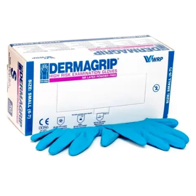 Перчатки Dermagrip High risk размер S латексные смотровые нестерильные неопудренные текстурированные с удлиненной манжетой 300 мм синие 25 пар