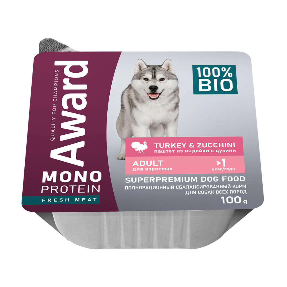 Award Влажный корм Monoprotein для взрослых собак паштет из индейки с цукини 100 г