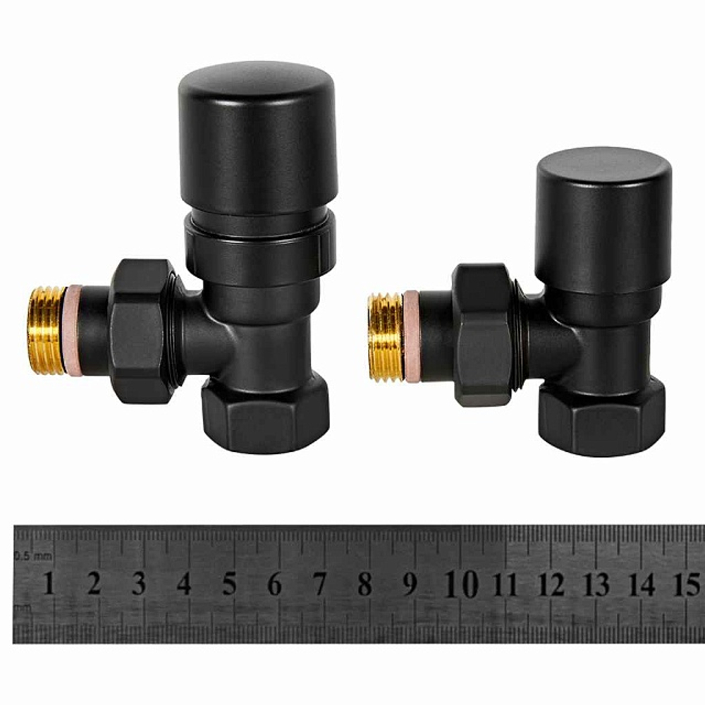 Комплект клапанов термостатических угловой STOUT Design - 1/2" (ВР/НР-американка, PN10, Tmax 120°C, EPTF уплотнение, цвет черный)