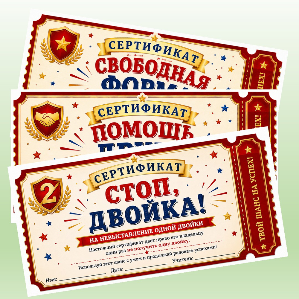 Мотивационные подарочные сертификаты для школьников. 8 шт. PDF-материал