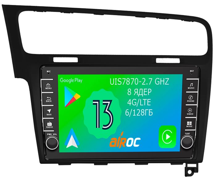 Магнитола для Volkswagen Golf 7 2012-2020 - Airoc AB-3715B (рамка черная, кнопки и крутилки), Android 13, Быстрая, SIM-слот, CarPlay