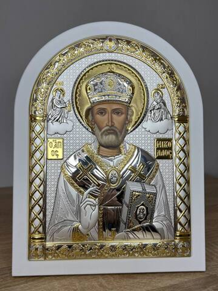Николай Чудотворец, икона арочная, белое дерево 105х140