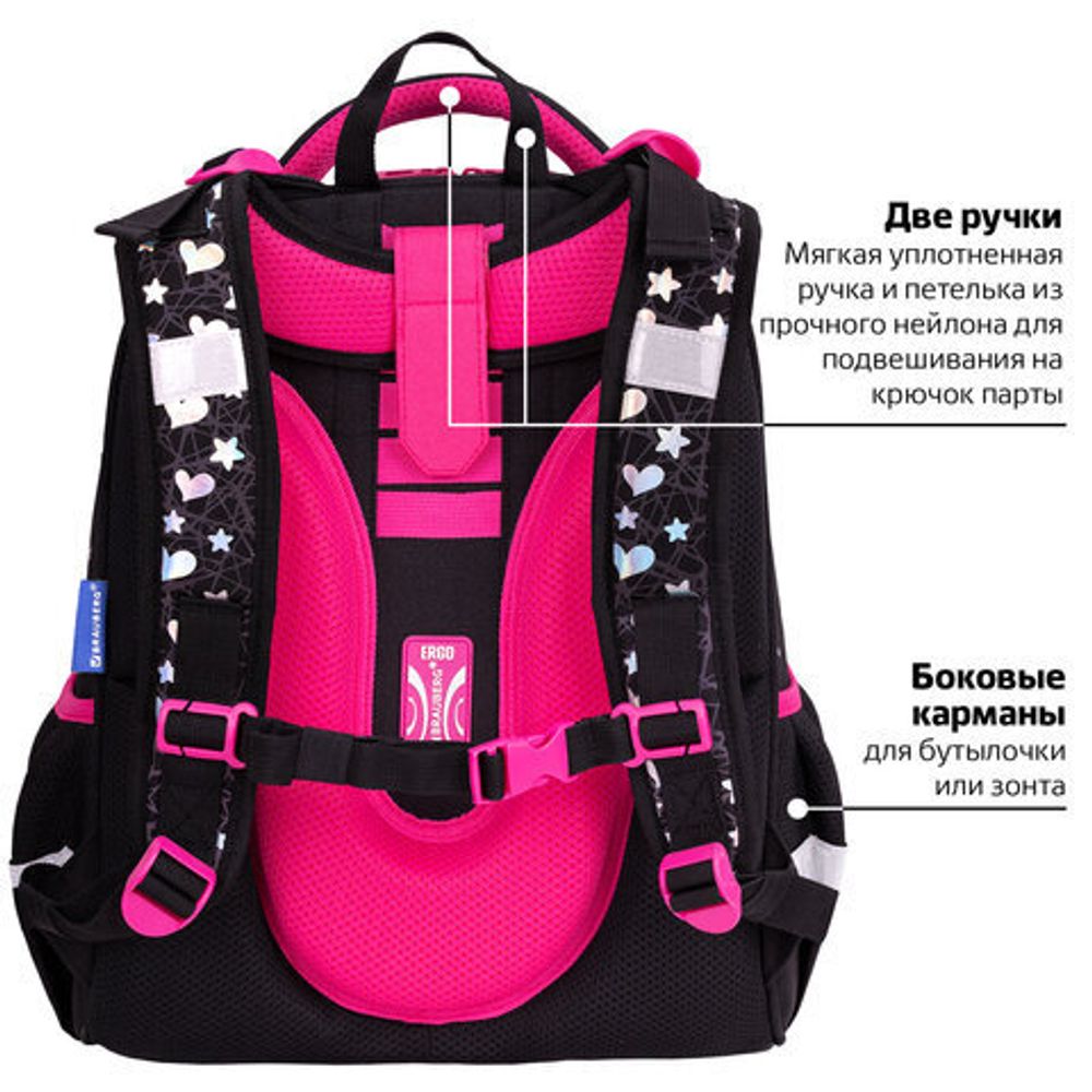 Ранец BRAUBERG LUMINOUS, 2 отделения, с брелоком, "Cats first", СВЕТЯЩИЙСЯ РИСУНОК, 38х29х16 см, 271367