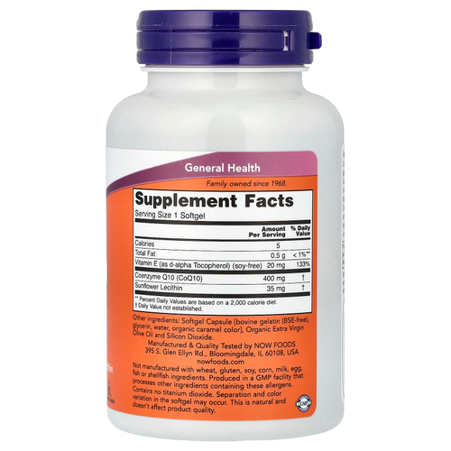 NOW Foods, коэнзим Q10 с витамином E и подсолнечным лецитином, 60 капсул