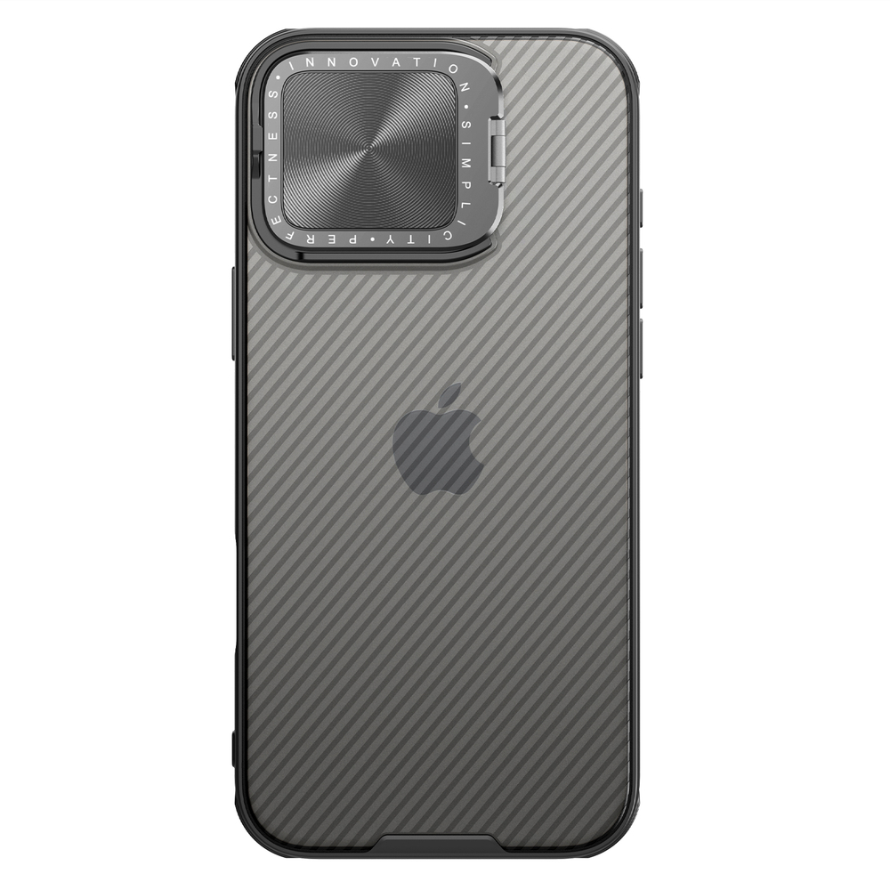 Чехол прозрачный тонированный (Transparent Black) от Nillkin с металлической откидной крышкой для камеры на iPhone 16 Pro Max, серия CamShield Prop Case