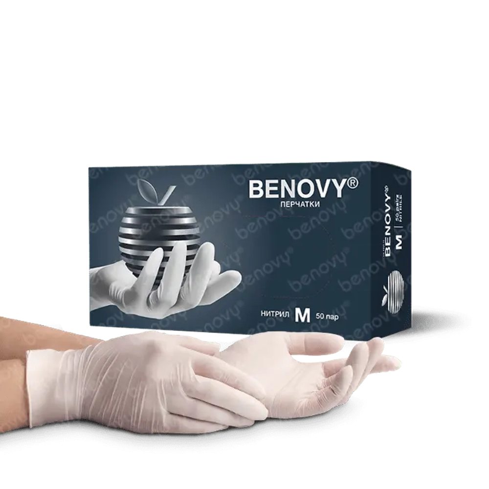 Перчатки BENOVY медицинские диагностические (смотровые) одноразовые нестерильные нитриловые, белые, 50пар/уп