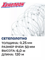 Сетеполотно леска 0,25 мм, яч. 50 мм, высота 6,0 м кукла