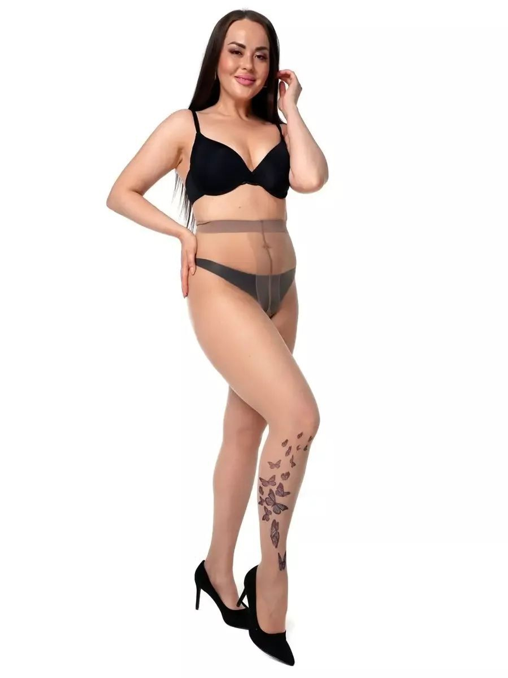 Колготки +size с принтом в виде бабочек на правой ножке (Размер: XL-XXL-XXXL) (Цвет: бежевый)