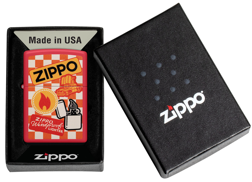 Зажигалка Zippo Retro Design с покрытием Red Matte, латунь/сталь, красная, матовая, 38x13x57 мм