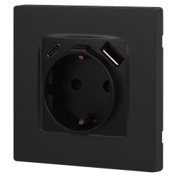 Розетка ЭРА Серия 12 12-4108-05 2P+E 16A-250В со шторками с USB type-A+C 5В-3А антрацит | Эра 12