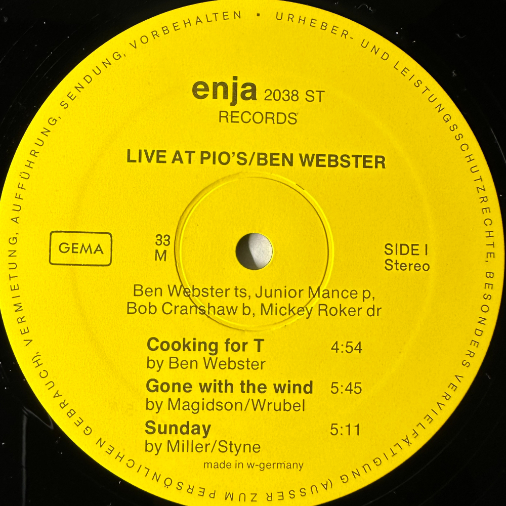 Ben Webster ‎– Live At Pio's (Германия 1974г.)