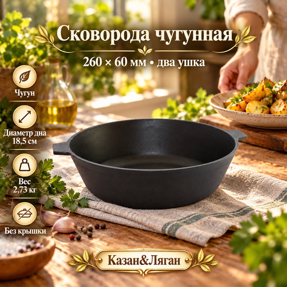 Сковорода литая чугунная 260х60 с двумя ушками Камск