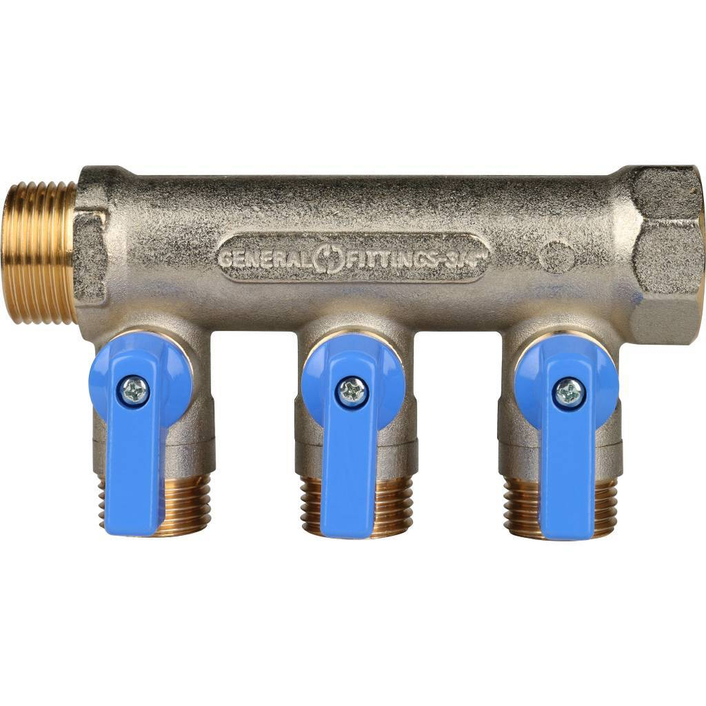 STOUT Коллектор с шаровыми кранами 3/4", 3 отвода 1/2" (синие ручки)