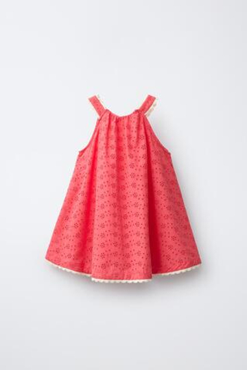 ZARA ПЛАТЬЕ С ВЫШИВКОЙ РИШЕЛЬЕ И КРУЖЕВОМ, КОРАЛЛОАВЫЙ
