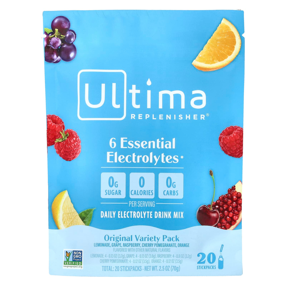 Ultima Replenisher, 6 незаменимых электролитов, смесь для приготовления электролитического напитка для ежедневного приема, оригинальный ассорти по 3,2 г (0,11 унции)