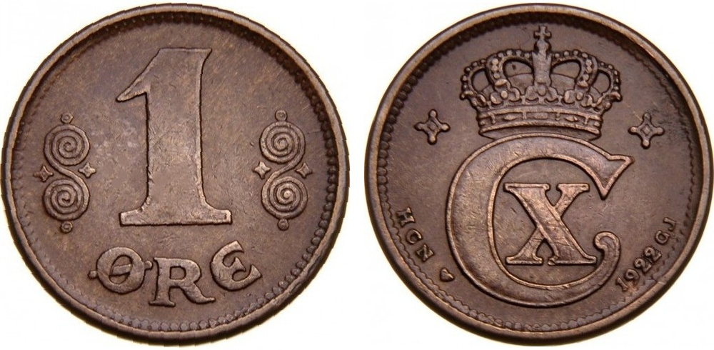 Дания 1 эре, 1922 Король Кристиан X XF