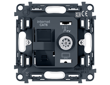 PR195 Механизм розетки компьютерной + TV оконечной RJ-45 (8P8C) CAT6/50-870MHz 1dB с автоматической защитной шторкой QUANT PRO