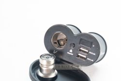 USB charger, 2in1, Cigarette lighter with 2 USB slots. Fast charge. Voltmeter Handlebar/10mm Mirror mount. Motowolf