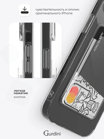 Чехол накладка iPhone 15 Plus 6.7" Gurdini силикон с отделением для карты прозрачный