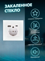 Розетка с заземлением одинарная из стекла с USB и Type-C