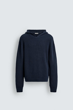 ZARA СВИТЕР ИЗ ХЛОПКА И ШЕРСТИ С КАПЮШОНОМ, МОРСКОЙ СИНИЙ