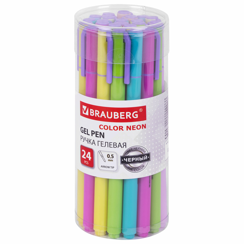 Ручка гелевая BRAUBERG "COLOR NEON", ЧЕРНАЯ, корпус ассорти, узел 0,5 мм, линия 0,35 мм, 144120