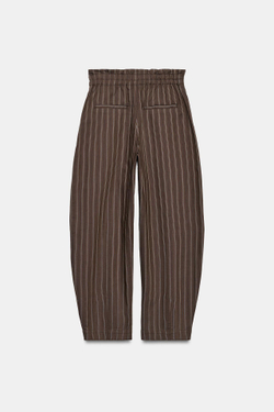 ZARA БРЮКИ-БАЛЛОНЫ В ПОЛОСКУ СО СБОРКОЙ НА ТАЛИИ, КОРИЧНЕВЫЙ/СИНИЙ