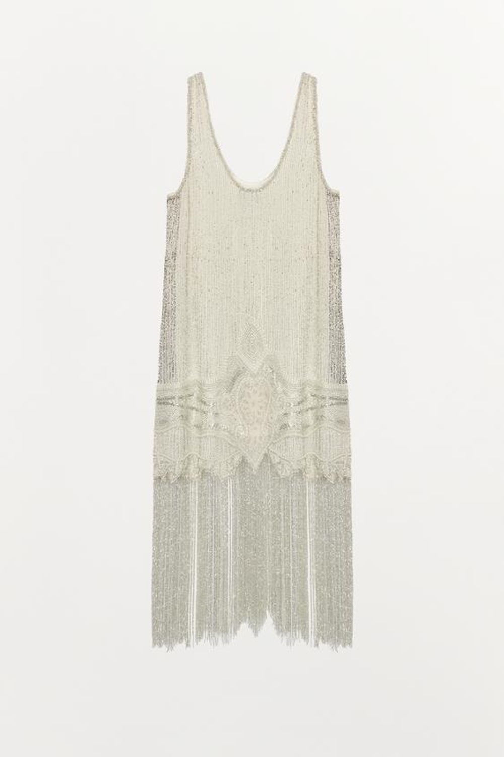 ZARA ПЛАТЬЕ С БРЕТЕЛЯМИ, БУСИНАМИ И БАХРОМОЙ — ZW COLLECTION, ЖЕМЧУЖНЫЙ/БЕЖЕВЫЙ