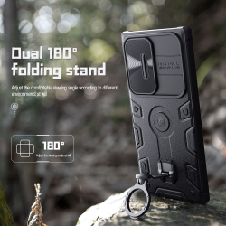 Чехол с поддержкой беспроводной зарядки от Nillkin CamShield Armor Pro Magnetic для Samsung Galaxy S23 Ultra, с поворотным кольцом и защитной шторкой для камеры