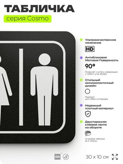 Табличка Туалет только для посетителей кафе, табличка на дверь и стену черная, для кафе, серия COSMO COBALT, 30х10 см, Айдентика Технолоджи