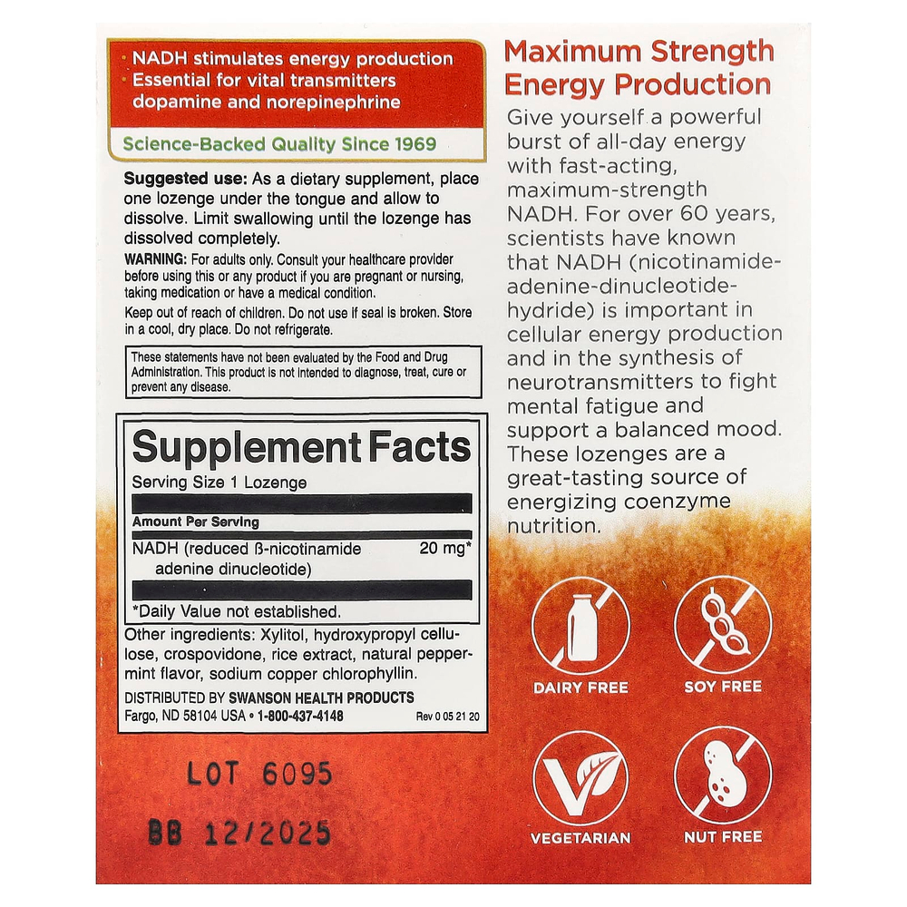 Swanson Vitamins, NADH, перечная мята, 20 мг, 30 пастилок
