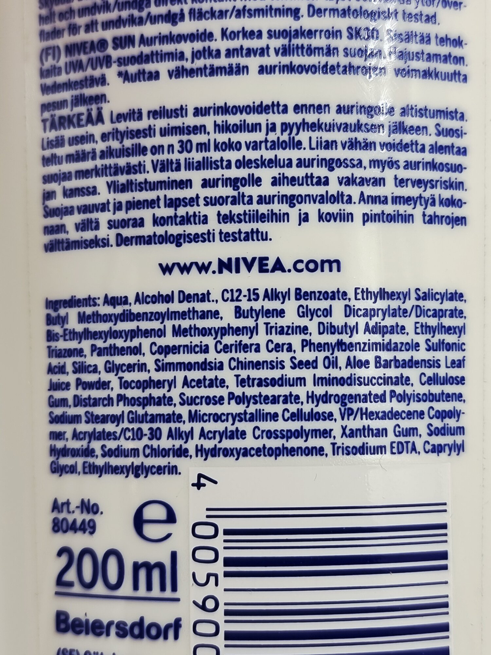 Солнцезащитный лосьон Nivea Sun Sensitive, SPF 30, с маслом жожоба, соком алоэ и витамином Е, 200 мл (Германия)