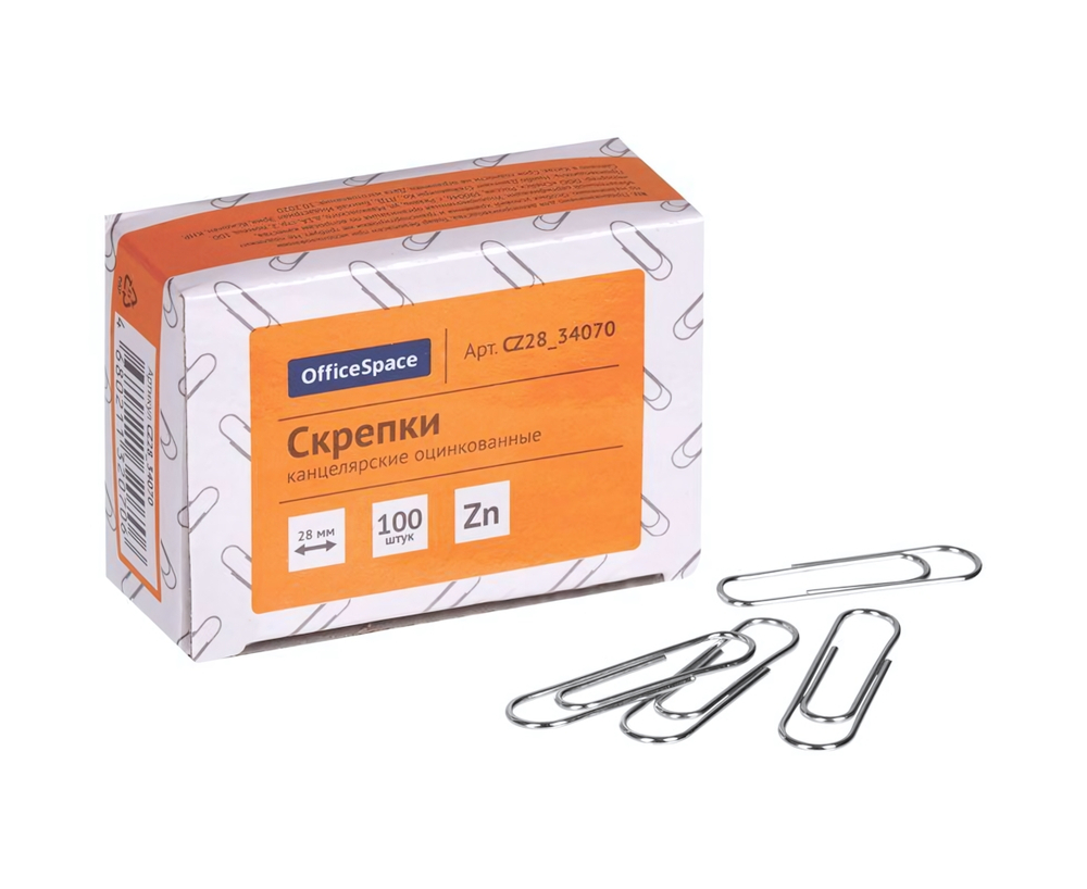 Скрепки 28мм, 100шт, оцинкованные. карт уп. (Спейс)