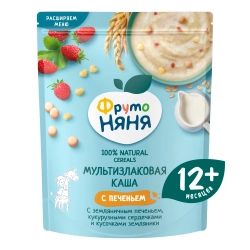 Каша Фрутоняня молочная Мультизлаковая с земляничным печеньем, кукурузными сердечками и кусочками землянки 200г, с 12 месяцев