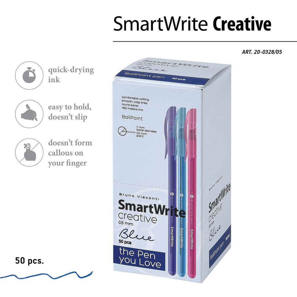 Ручка "SmartWrite Creative" шариковая 0.5 мм, синяя (3 цвета) (Bruno Visconti)