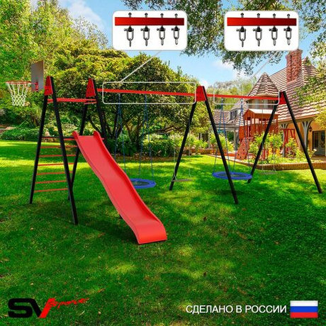 Уличные качели Sv Sport Maxi х 2 с горкой УК365.1КВ4 (6.4м/Щит баскет/Гнездо Оксф. 100см 2шт/Деревянные 2шт/Подвесы на втулке 4к)