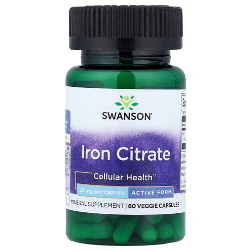 Swanson Vitamins, Цитрат железа, активная форма, 25 мг, 60 растительных капсул