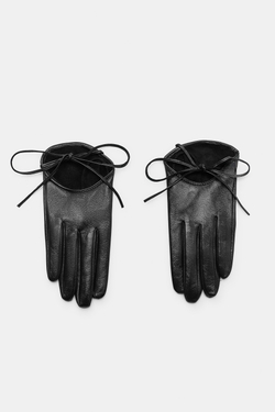 ZARA КОЖАНЫЕ ПЕРЧАТКИ С БАНТОМ, ЧЕРНЫЙ