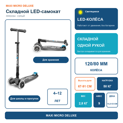 Самокат Maxi Micro Deluxe LED складной серый