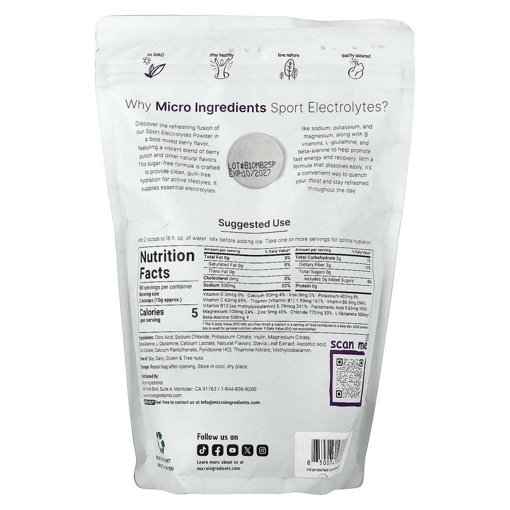 Micro Ingredients, электролиты в порошке, со вкусом ягодного пунша, 907 г (2 фунта)