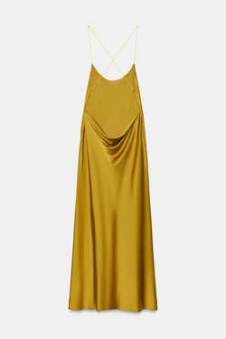 ZARA АТЛАСНОЕ ПЛАТЬЕ МИДИ С ОТКРЫТОЙ СПИНОЙ, ЗОЛОТИСТЫЙ