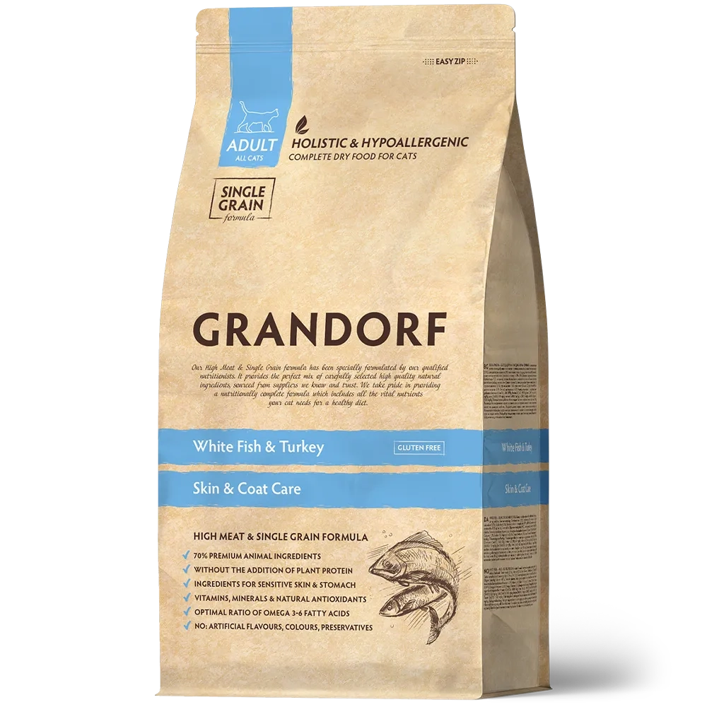 Сухой низкозерновой корм GRANDORF CAT White Fish&Turkey SKIN&CARE Белая рыба с индейкой 2кг