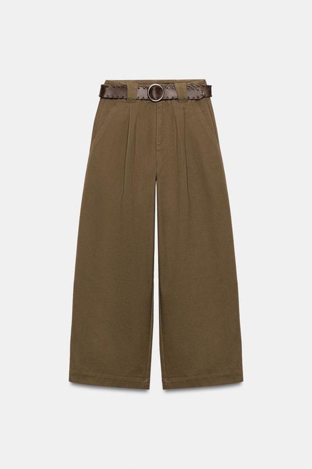 ZARA БРЮКИ С ШИРОКИМИ ШТАНИНАМИ, ЗАЩИПАМИ И РЕМНЕМ, ПЫЛЬНЫЙ ХАКИ
