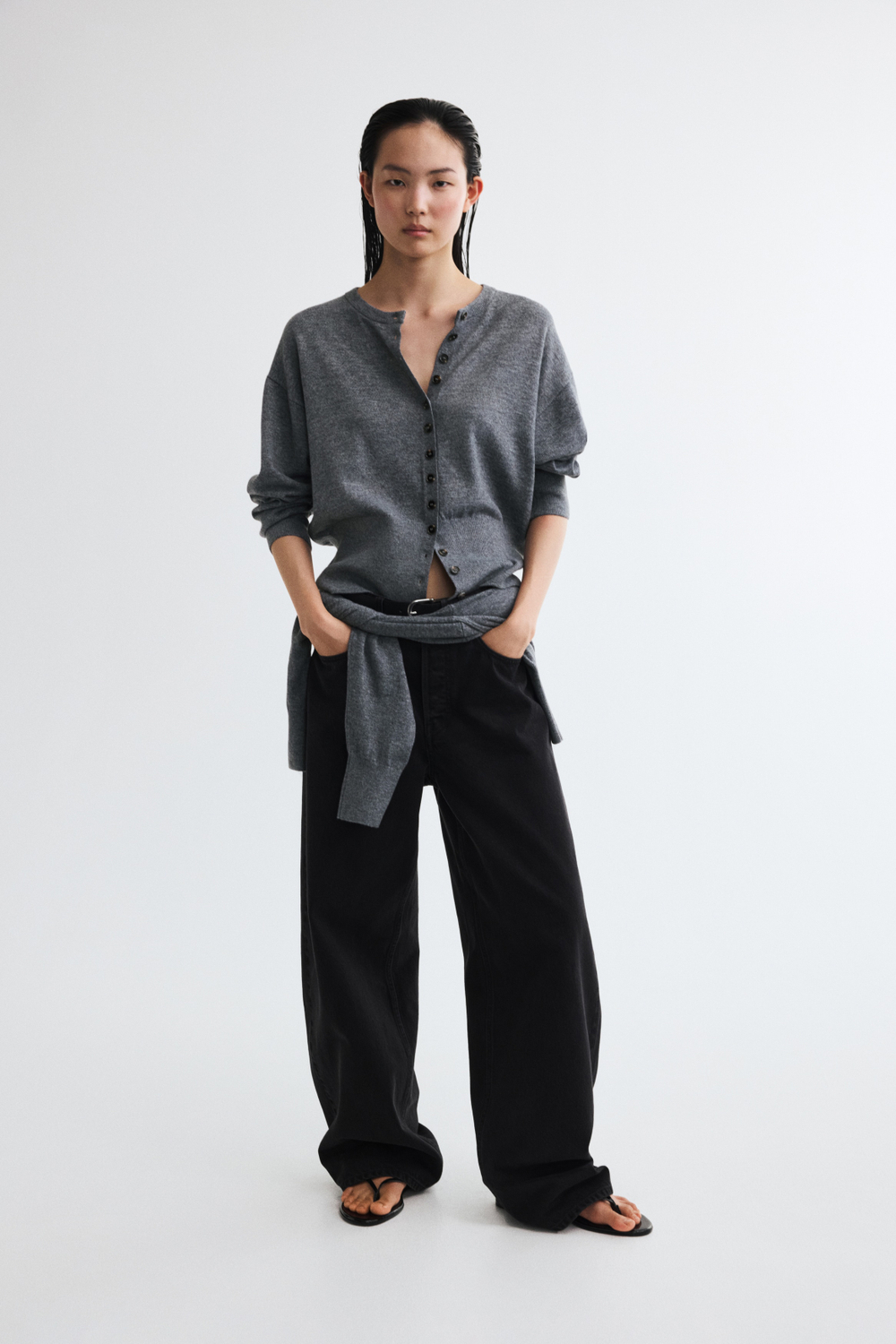 Тонкий трикотажный кардиган — Серый меланж - H&M