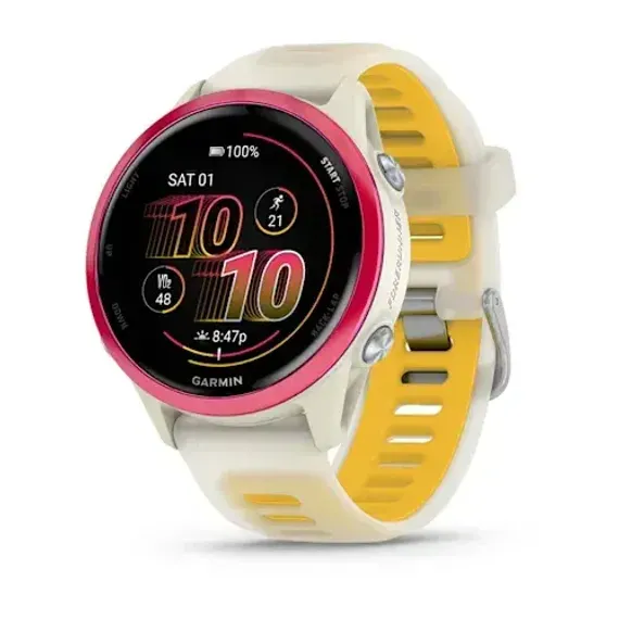 Умные часы Garmin Forerunner 570 - 42 мм Малиновый алюминий с полупрозрачным ремешком цвета слоновая кость/манго