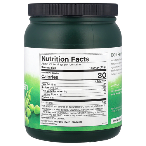 Swanson Vitamins, 100% порошок из горохового протеина, без добавок, 503 г (1,1 фунта)