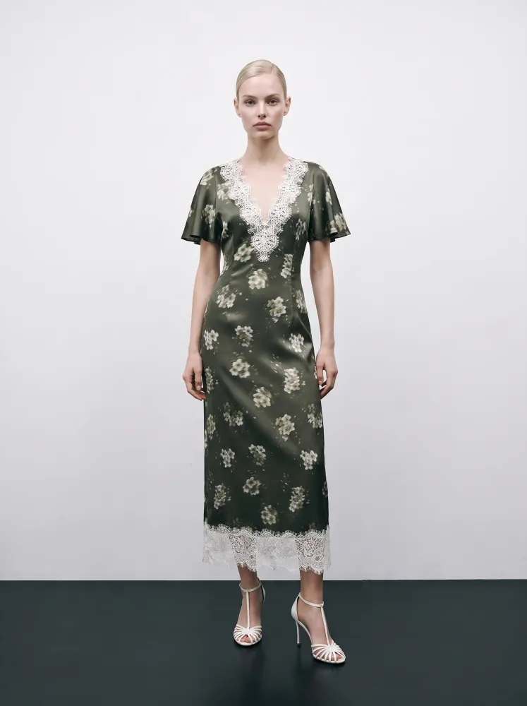 Одэтт миди (Odette midi), платье миди из хаки атласа с молочными цветами