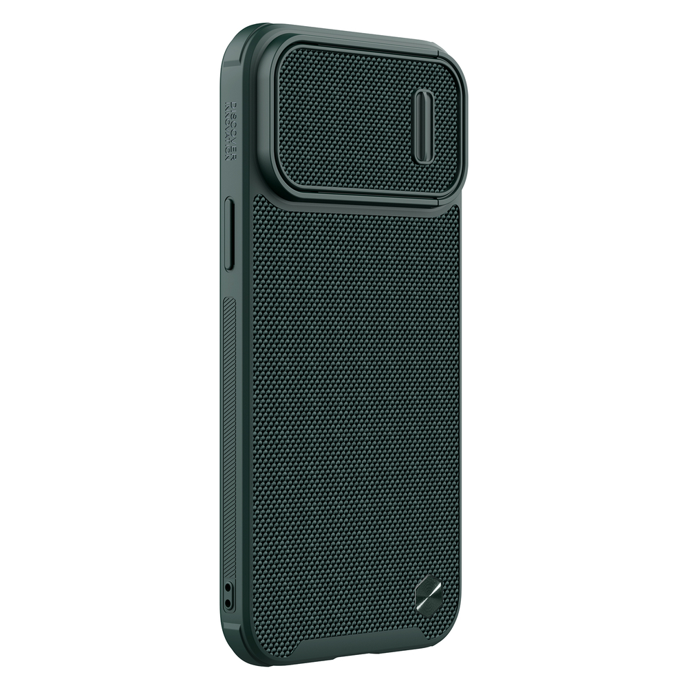 Текстурный чехол зеленого цвета (Dark Green) для iPhone 13 Pro Max от Nillkin, серия Textured Case S (покрытие нейлонового волокна), полуавтоматическая механизм сдвижной шторки