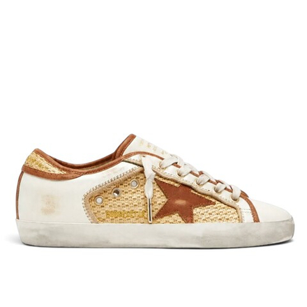 Women’s Golden Goose Superstar in White Leather and Raffia with Brick-Red Star and Inserts